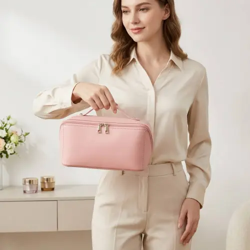 Bearky Beauty Ladies Simple Travel Cosmetic Bag PU Leather Portable Zipper Toiletry Makeup Pouch
